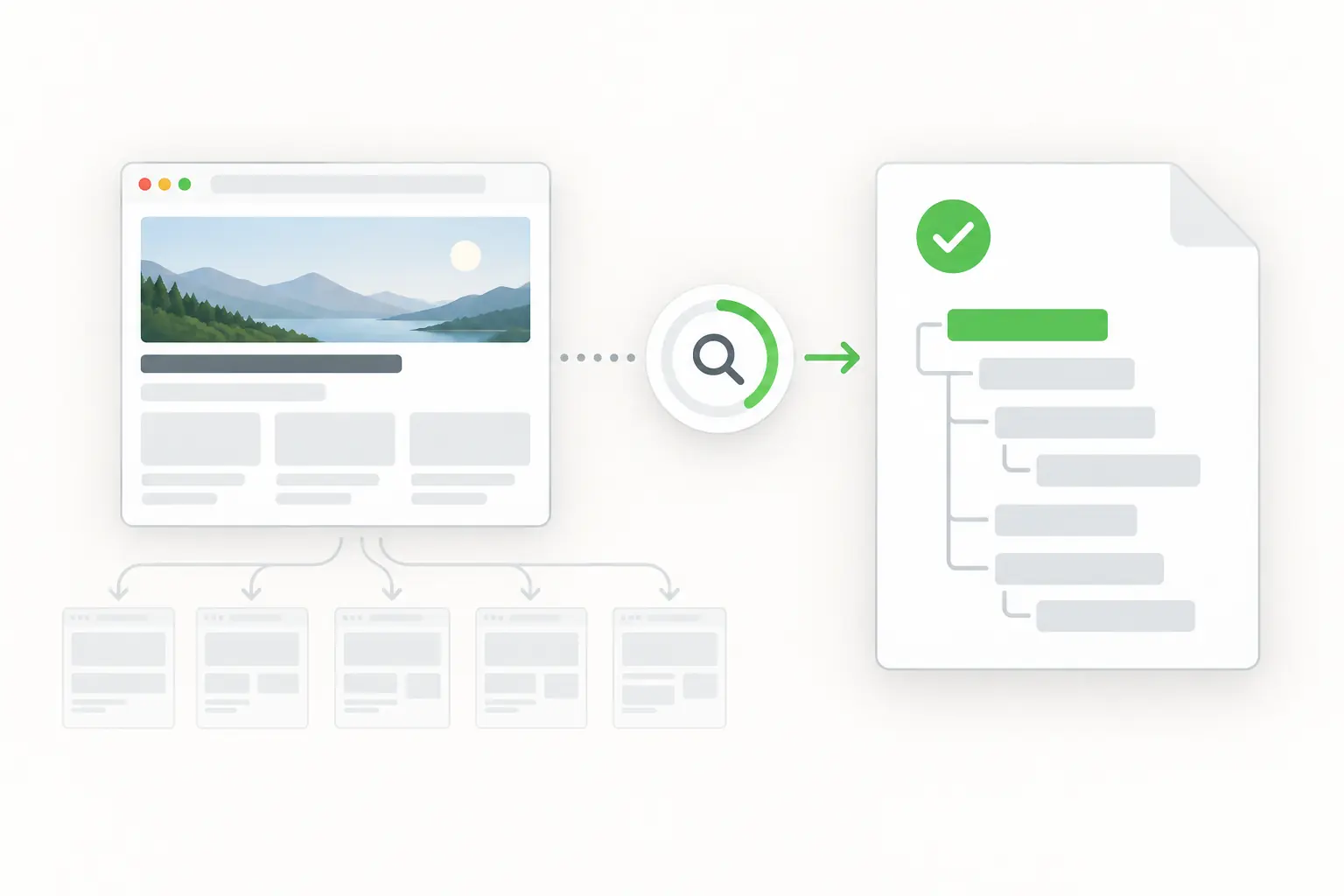 A planned sitemap finder turning a domain into an organized list of page URLs.
